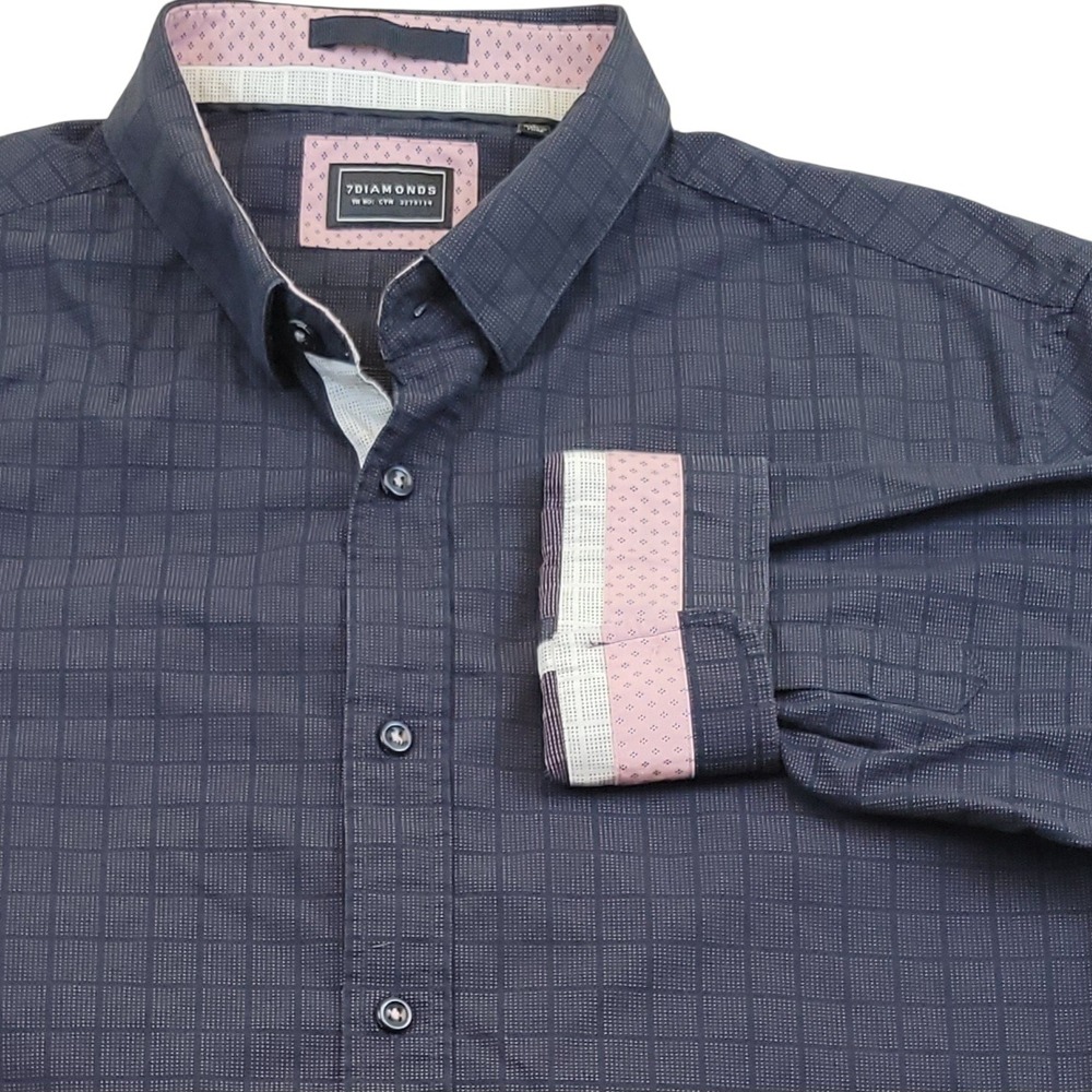 7 Diamonds‎ Buckle Mens L Button Down Shirt Navy Blue Checkered Dot Long Sleeve